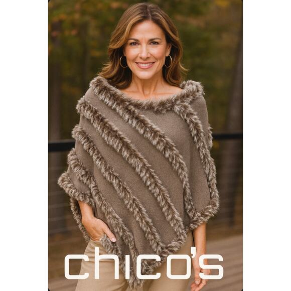 Chico’s Faux Fur Trim Knit Poncho Taupe Brown Cozy Chic Fall Layer S/M - Picture 1 of 9